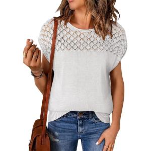 imageEVALESS Womens Fashion Short Sleeve Sweaters Crewneck Crochet Tops Summer Tie Back Shirts Knit T Shirts Sweater TopsWhite