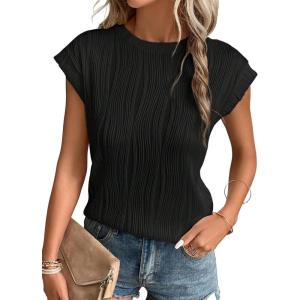 imageEVALESS Womens Short Sleeve Textured Tops Crewneck Knit Solid Loose Casual Basic T Shirts Tee BlousesA Black