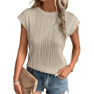 imageEVALESS Womens Short Sleeve Textured Tops Crewneck Knit Solid Loose Casual Basic T Shirts Tee BlousesApricot