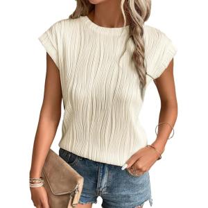 imageEVALESS Womens Short Sleeve Textured Tops Crewneck Knit Solid Loose Casual Basic T Shirts Tee BlousesBeige
