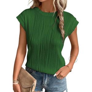 imageEVALESS Womens Short Sleeve Textured Tops Crewneck Knit Solid Loose Casual Basic T Shirts Tee BlousesBlackish Green