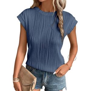 imageEVALESS Womens Short Sleeve Textured Tops Crewneck Knit Solid Loose Casual Basic T Shirts Tee BlousesE Blue