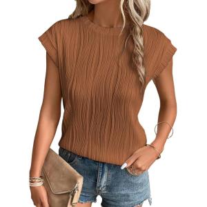 imageEVALESS Womens Short Sleeve Textured Tops Crewneck Knit Solid Loose Casual Basic T Shirts Tee BlousesE Brown