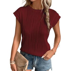 imageEVALESS Womens Short Sleeve Textured Tops Crewneck Knit Solid Loose Casual Basic T Shirts Tee BlousesE Burgundy