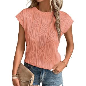 imageEVALESS Womens Short Sleeve Textured Tops Crewneck Knit Solid Loose Casual Basic T Shirts Tee BlousesE Coral