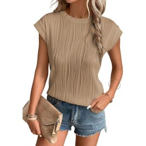 imageEVALESS Womens Short Sleeve Textured Tops Crewneck Knit Solid Loose Casual Basic T Shirts Tee BlousesE Khaki
