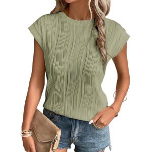 imageEVALESS Womens Short Sleeve Textured Tops Crewneck Knit Solid Loose Casual Basic T Shirts Tee BlousesE Light Green