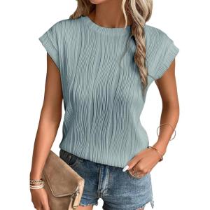 imageEVALESS Womens Short Sleeve Textured Tops Crewneck Knit Solid Loose Casual Basic T Shirts Tee BlousesE Mist Blue