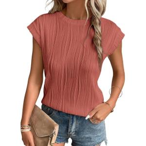 imageEVALESS Womens Short Sleeve Textured Tops Crewneck Knit Solid Loose Casual Basic T Shirts Tee BlousesE Rose Pink