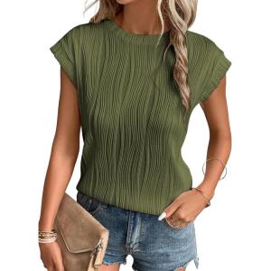 imageEVALESS Womens Short Sleeve Textured Tops Crewneck Knit Solid Loose Casual Basic T Shirts Tee BlousesJungle Green