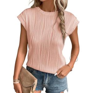 imageEVALESS Womens Short Sleeve Textured Tops Crewneck Knit Solid Loose Casual Basic T Shirts Tee BlousesPink