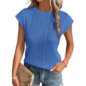 imageEVALESS Womens Short Sleeve Textured Tops Crewneck Knit Solid Loose Casual Basic T Shirts Tee BlousesSky Blue
