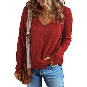 imageEVALESS Spring Tops for Women Beach Fashion 2025 V Neck Summer Tops Long Sleeve Shirts Basic T Shirts Womens Clothing00 Red