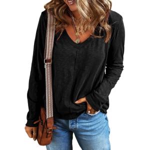 imageEVALESS Spring Tops for Women Beach Fashion 2025 V Neck Summer Tops Long Sleeve Shirts Basic T Shirts Womens Clothing01 Black