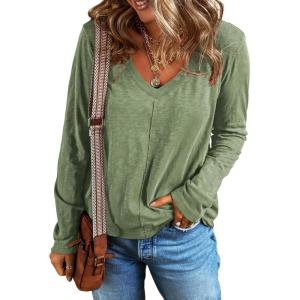 imageEVALESS Spring Tops for Women Beach Fashion 2025 V Neck Summer Tops Long Sleeve Shirts Basic T Shirts Womens Clothing02 Green