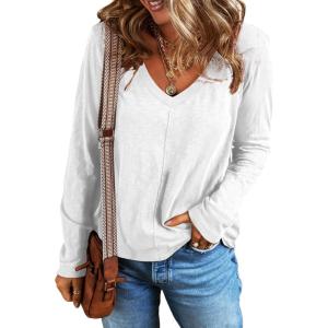 imageEVALESS Spring Tops for Women Beach Fashion 2025 V Neck Summer Tops Long Sleeve Shirts Basic T Shirts Womens Clothing03 White