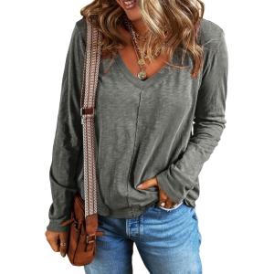 imageEVALESS Spring Tops for Women Beach Fashion 2025 V Neck Summer Tops Long Sleeve Shirts Basic T Shirts Womens ClothingGrey