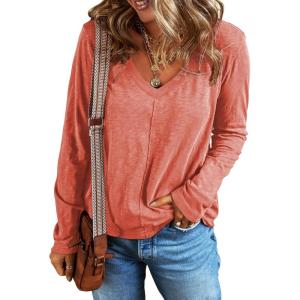 imageEVALESS Spring Tops for Women Beach Fashion 2025 V Neck Summer Tops Long Sleeve Shirts Basic T Shirts Womens ClothingPink