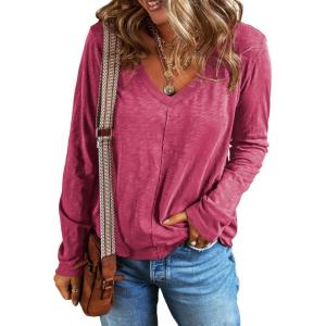 imageEVALESS Spring Tops for Women Beach Fashion 2025 V Neck Summer Tops Long Sleeve Shirts Basic T Shirts Womens ClothingRose