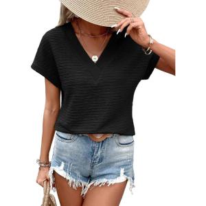 imageEVALESS Womens Cap Short Sleeve Textured Tops Summer Dressy Casual V Neck Solid Loose Basic T Shirts Tee BlousesBlack