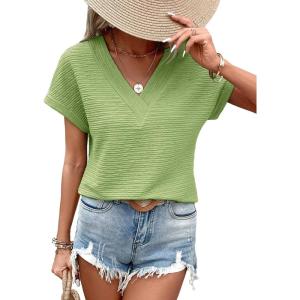 imageEVALESS Womens Cap Short Sleeve Textured Tops Summer Dressy Casual V Neck Solid Loose Basic T Shirts Tee BlousesGrass Green