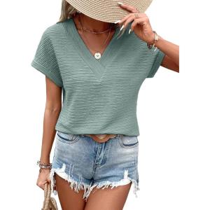 imageEVALESS Womens Cap Short Sleeve Textured Tops Summer Dressy Casual V Neck Solid Loose Basic T Shirts Tee BlousesLight Blue