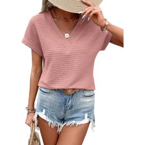 imageEVALESS Womens Cap Short Sleeve Textured Tops Summer Dressy Casual V Neck Solid Loose Basic T Shirts Tee BlousesLight Pink