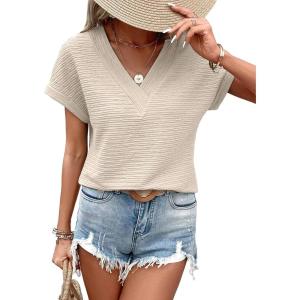 imageEVALESS Womens Cap Short Sleeve Textured Tops Summer Dressy Casual V Neck Solid Loose Basic T Shirts Tee BlousesPale Khaki