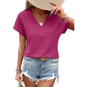 imageEVALESS Womens Cap Short Sleeve Textured Tops Summer Dressy Casual V Neck Solid Loose Basic T Shirts Tee BlousesRose Red