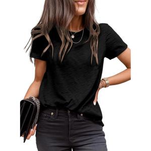imageEVALESS Womens Casual Polka Dot Tops Crewneck Short Sleeve T Shirts Fashion Outfits 2025 Spring Summer ShirtsJ Black