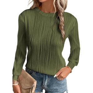 imageEVALESS Womens Tops Trendy Dressy Casual Long Sleeve Crewneck Basic T Shirts Solid Loose Textured Blouses OutfitsA Jungle Green