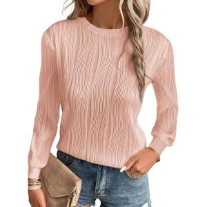 imageEVALESS Womens Tops Trendy Dressy Casual Long Sleeve Crewneck Basic T Shirts Solid Loose Textured Blouses OutfitsA Light Pink