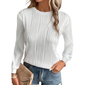 imageEVALESS Womens Tops Trendy Dressy Casual Long Sleeve Crewneck Basic T Shirts Solid Loose Textured Blouses OutfitsA White