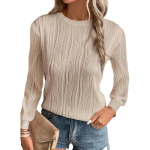 imageEVALESS Womens Tops Trendy Dressy Casual Long Sleeve Crewneck Basic T Shirts Solid Loose Textured Blouses OutfitsApricot