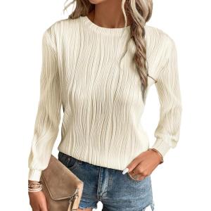 imageEVALESS Womens Tops Trendy Dressy Casual Long Sleeve Crewneck Basic T Shirts Solid Loose Textured Blouses OutfitsBeige