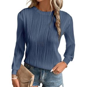 imageEVALESS Womens Tops Trendy Dressy Casual Long Sleeve Crewneck Basic T Shirts Solid Loose Textured Blouses OutfitsBlue
