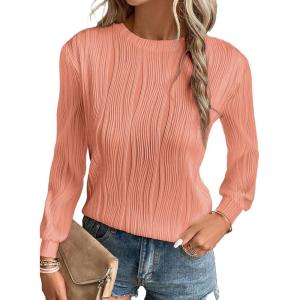 imageEVALESS Womens Tops Trendy Dressy Casual Long Sleeve Crewneck Basic T Shirts Solid Loose Textured Blouses OutfitsCoral