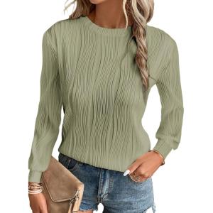 imageEVALESS Womens Tops Trendy Dressy Casual Long Sleeve Crewneck Basic T Shirts Solid Loose Textured Blouses OutfitsLight Green