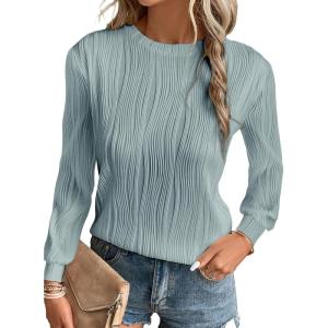 imageEVALESS Womens Tops Trendy Dressy Casual Long Sleeve Crewneck Basic T Shirts Solid Loose Textured Blouses OutfitsMist Blue