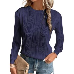 imageEVALESS Womens Tops Trendy Dressy Casual Long Sleeve Crewneck Basic T Shirts Solid Loose Textured Blouses OutfitsNavy Blue