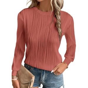imageEVALESS Womens Tops Trendy Dressy Casual Long Sleeve Crewneck Basic T Shirts Solid Loose Textured Blouses OutfitsRose Pink