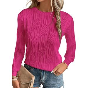 imageEVALESS Womens Tops Trendy Dressy Casual Long Sleeve Crewneck Basic T Shirts Solid Loose Textured Blouses OutfitsRose Red