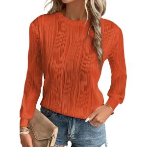 imageEVALESS Womens Tops Trendy Dressy Casual Long Sleeve Crewneck Basic T Shirts Solid Loose Textured Blouses OutfitsRusset Orange