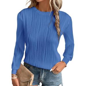 imageEVALESS Womens Tops Trendy Dressy Casual Long Sleeve Crewneck Basic T Shirts Solid Loose Textured Blouses OutfitsSky Blue