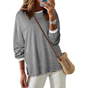 imageEVALESS Long Sleeve Shirts for Women Trendy Lightweight Crew Neck Striped Tee Shirt TopBlack and White