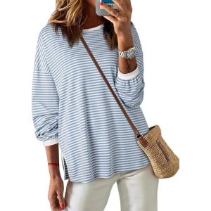 imageEVALESS Long Sleeve Shirts for Women Trendy Lightweight Crew Neck Striped Tee Shirt TopBlue and White