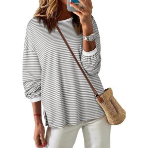 imageEVALESS Long Sleeve Shirts for Women Trendy Lightweight Crew Neck Striped Tee Shirt TopGrey and White