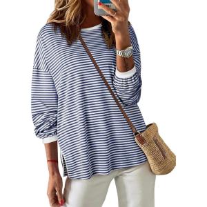 imageEVALESS Long Sleeve Shirts for Women Trendy Lightweight Crew Neck Striped Tee Shirt TopNavy and White