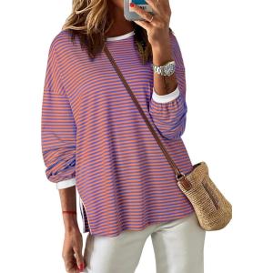 imageEVALESS Long Sleeve Shirts for Women Trendy Lightweight Crew Neck Striped Tee Shirt TopPink Striped