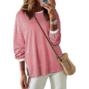 imageEVALESS Long Sleeve Shirts for Women Trendy Lightweight Crew Neck Striped Tee Shirt TopRed and White